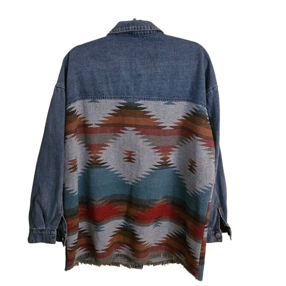 Denim Southwest Western Mixed Media Shacket Flap Pockets Raw Hem Size XL - Picture 3 of 11